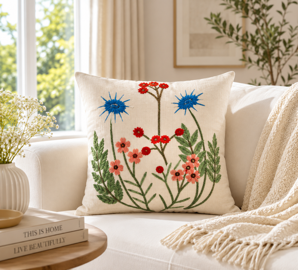 Wildflower Embroidered Cushion Cover