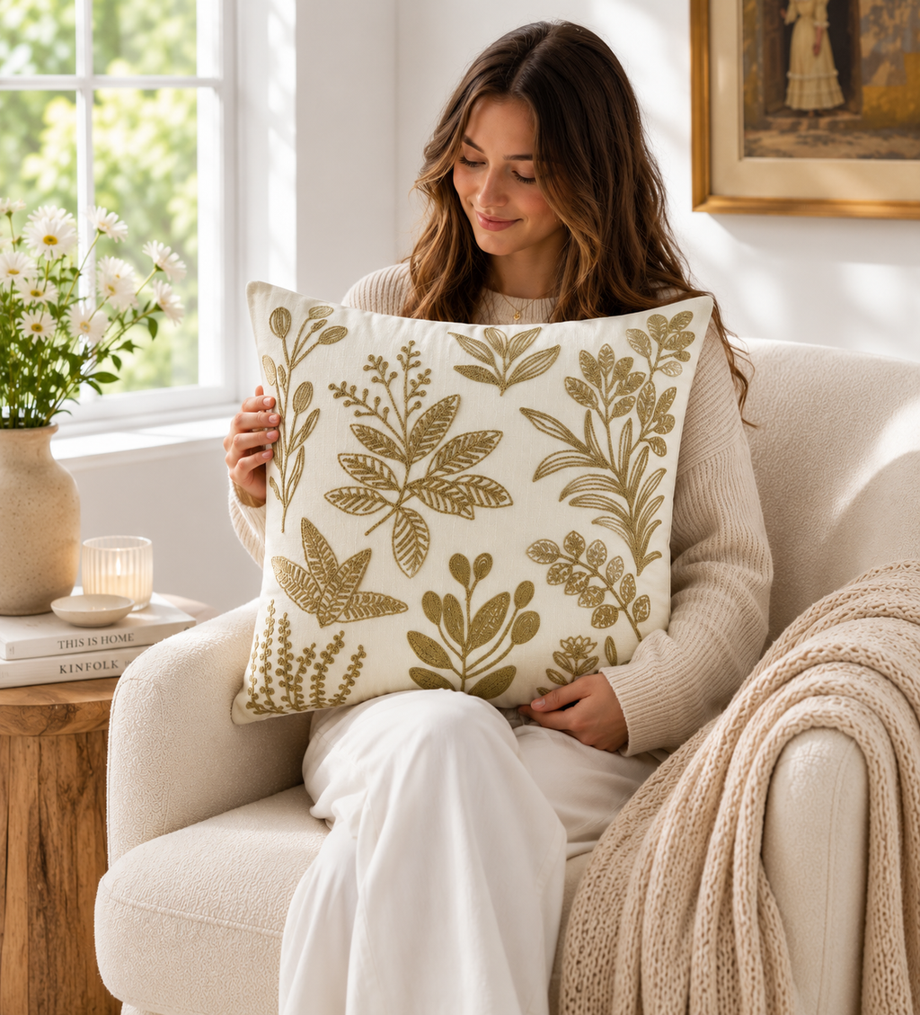 Beige Botanical Embroidered Cushion Cover