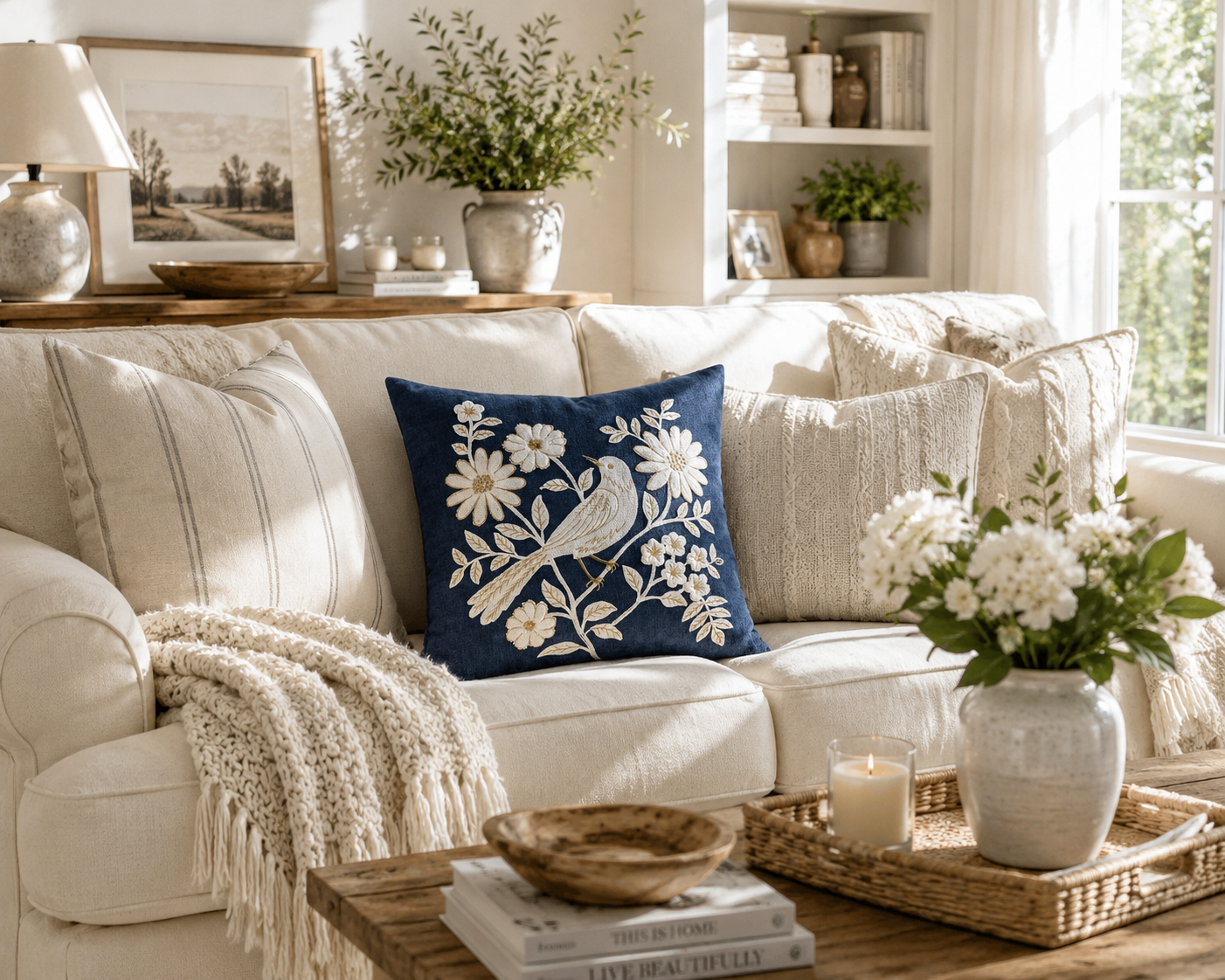 Navy Blue Bird Embroidered Cushion Cover