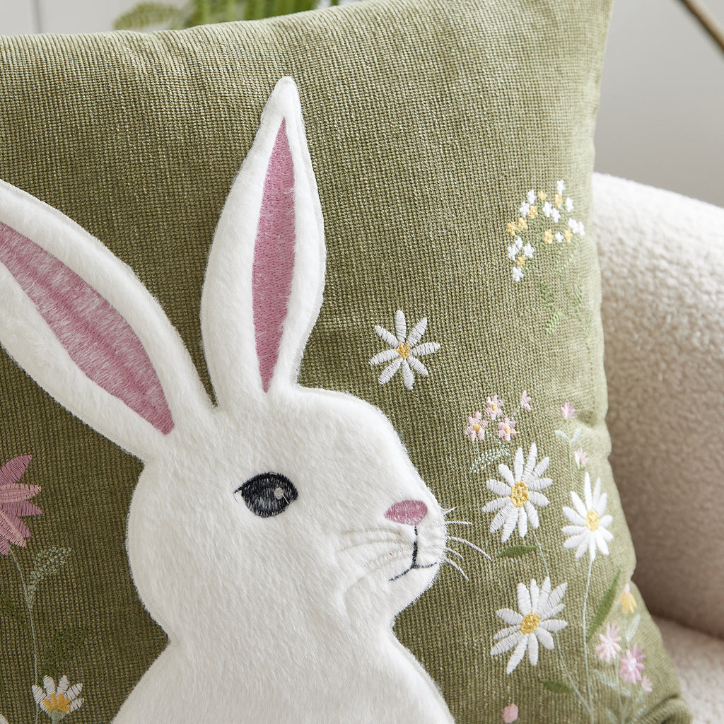 Easter Wild Floral Rabbit Embroidery Cushion Cover - 1 Pcs