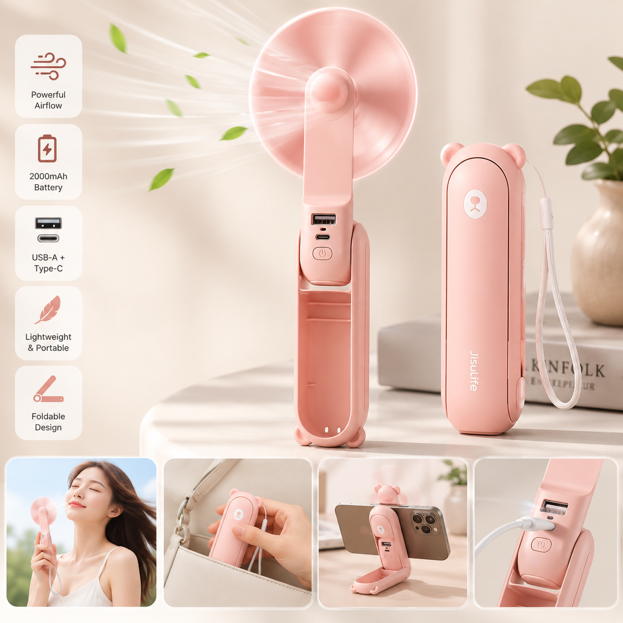Jisulife Handheld Fan 2000mAh 3 in 1 Mini Portable USB Rechargeable Flashlight