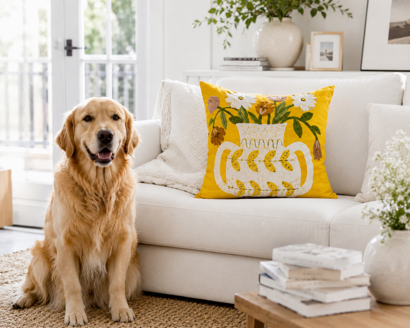 Yellow Floral Embroidered Cushion Cover