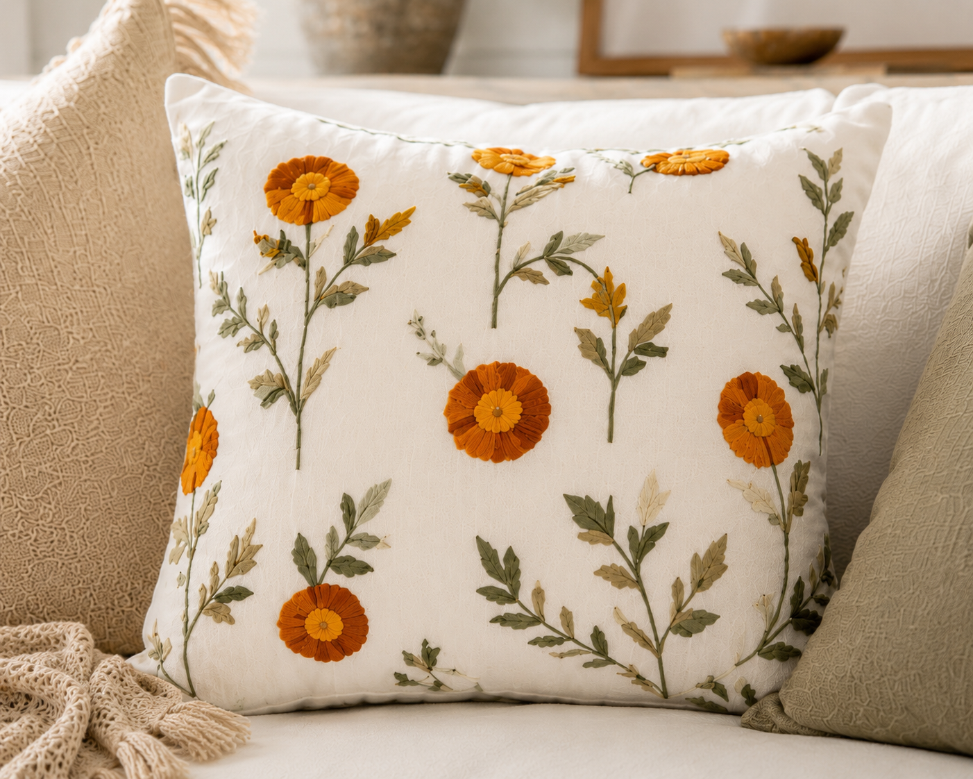 Orange Floral Embroidered Cushion Cover