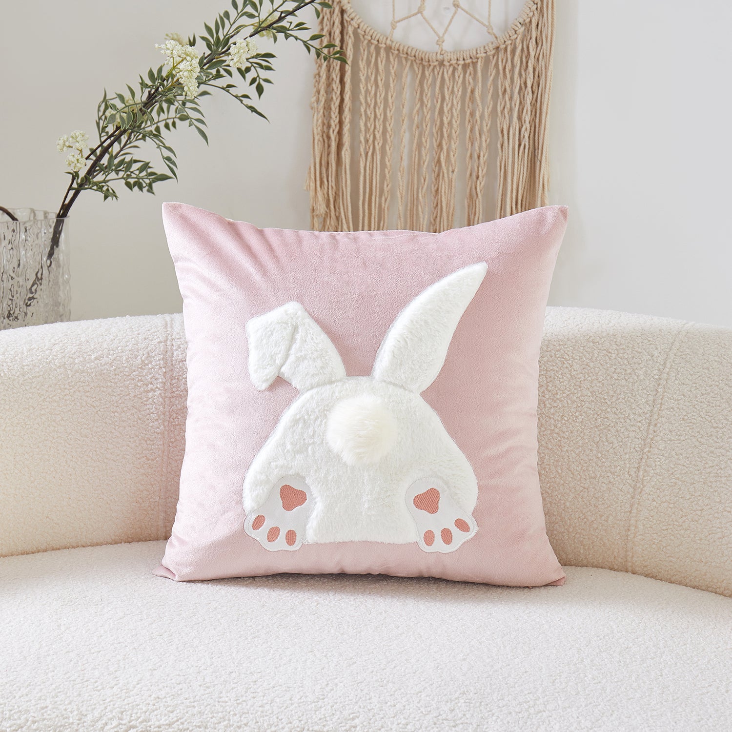 Easter Bunny 3D Plush Applique Throw Pillow Cover - 1 Pcs