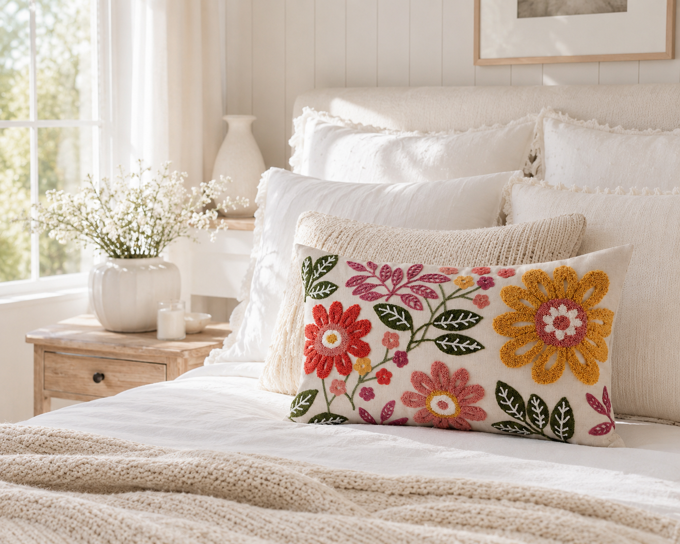 Colourful Floral Embroidered Lumbar Cushion Cover