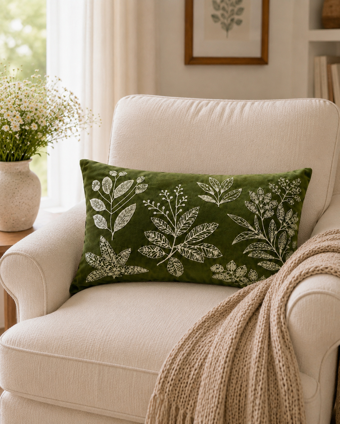 Green Floral Embroidered Cushion Cover
