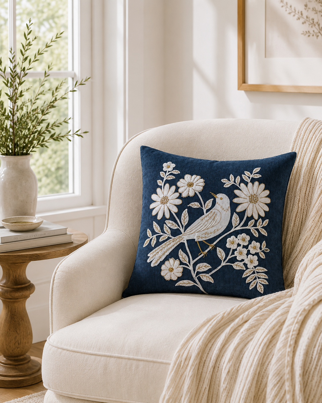 Navy Blue Bird Embroidered Cushion Cover