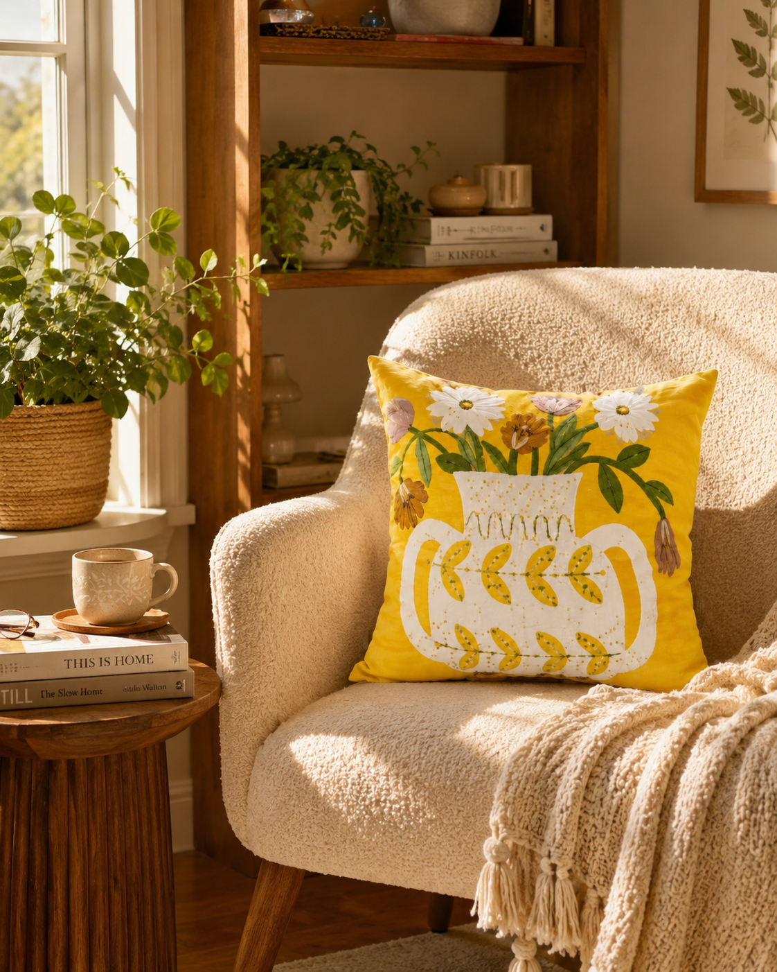 Yellow Floral Embroidered Cushion Cover