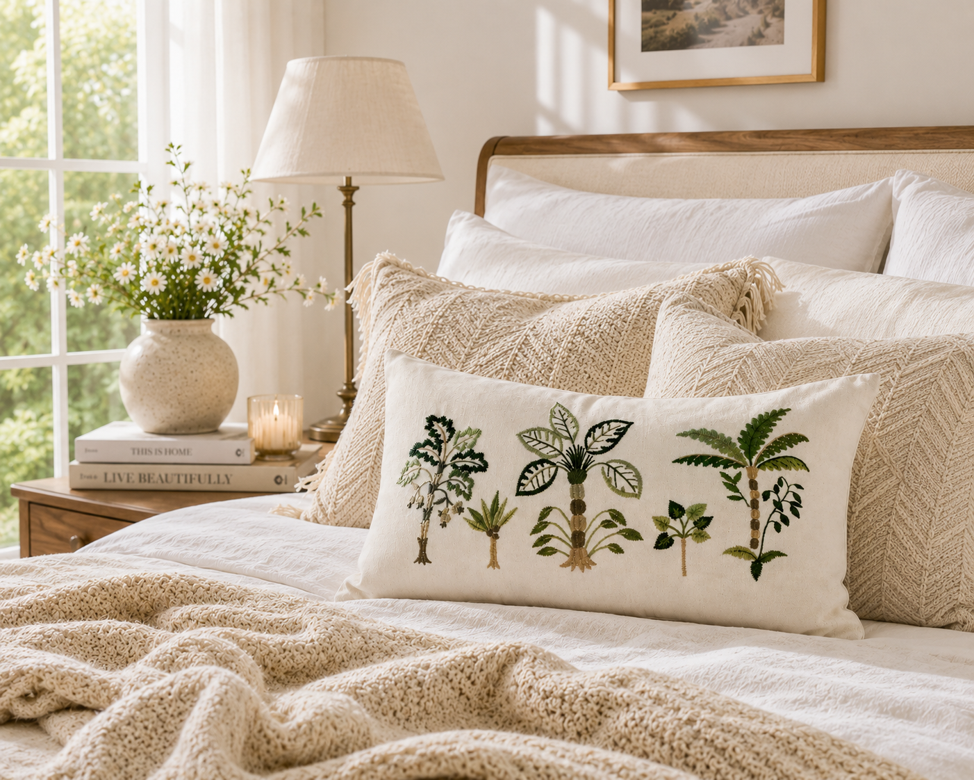 Tropical Palm Tree Embroidered Cushion Cover