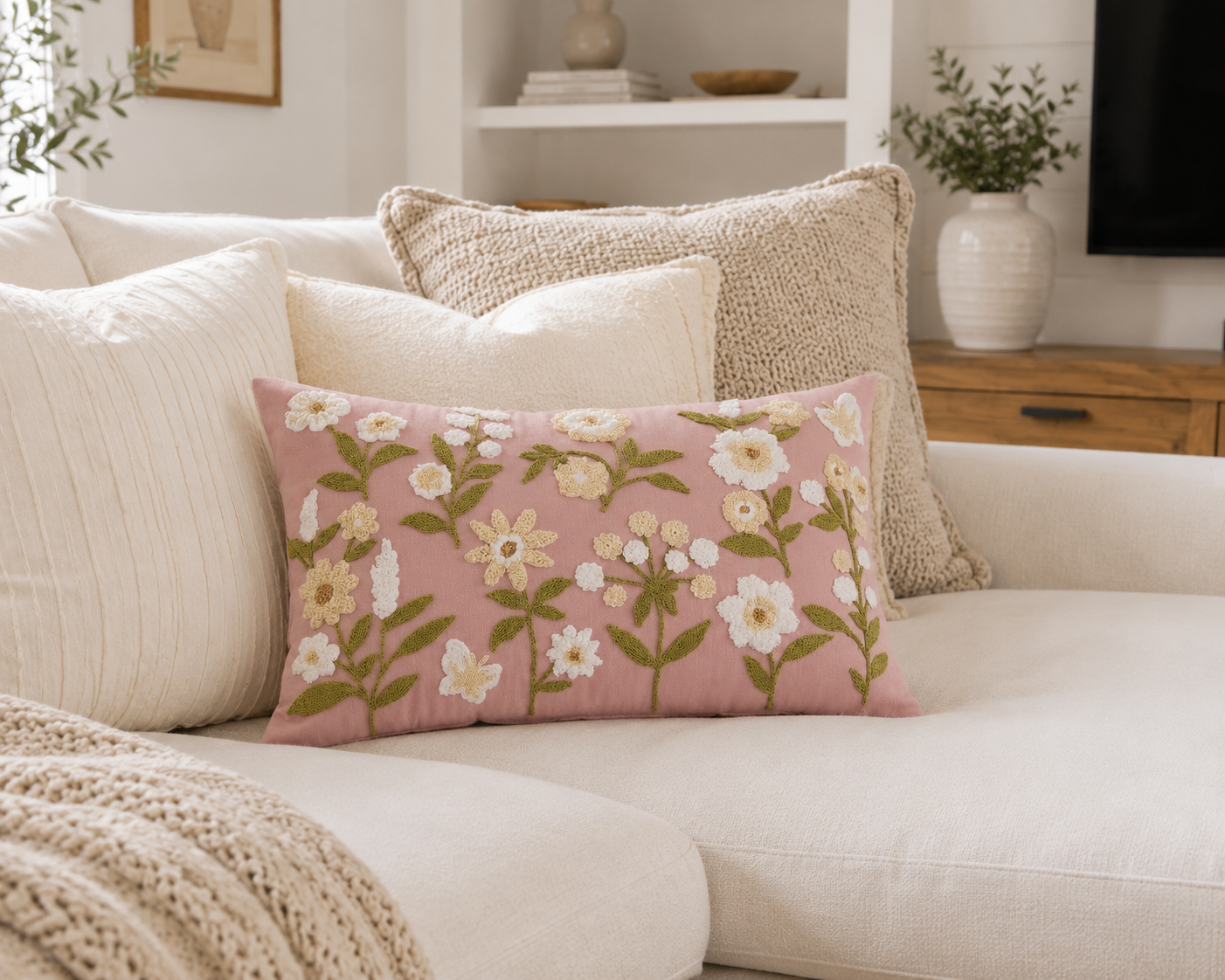 Pink Floral Embroidered Lumbar Cushion Cover