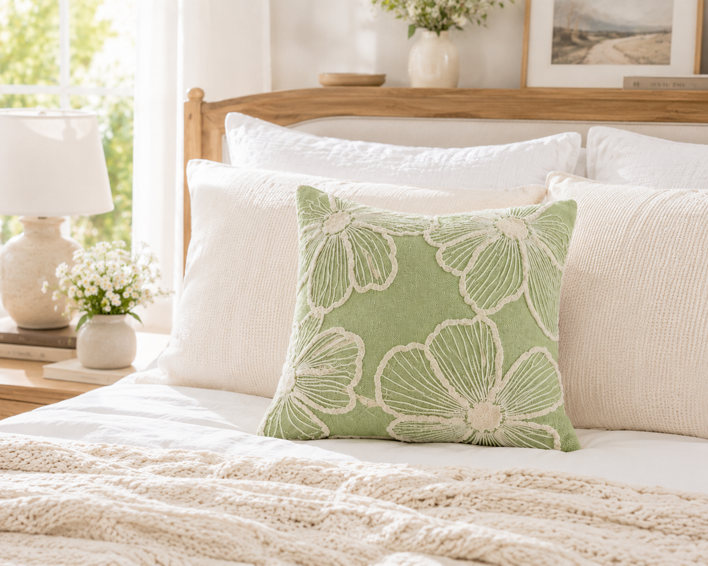 Sage Green Floral Embroidered Cushion Cover