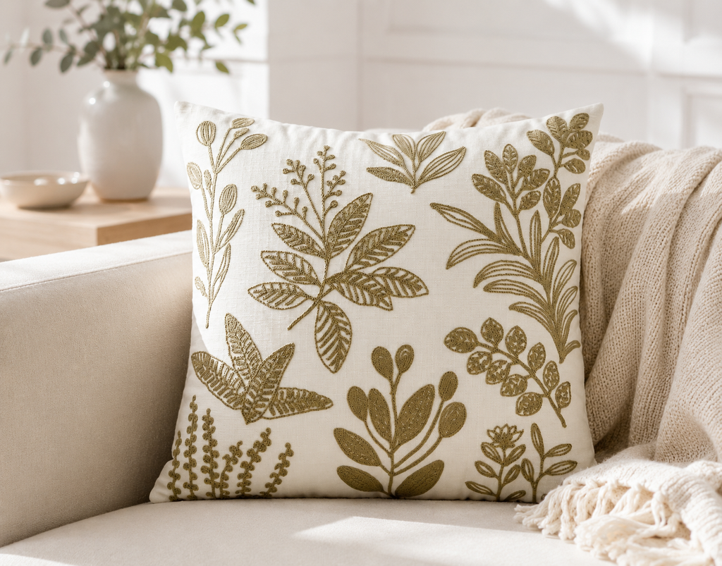 Beige Botanical Embroidered Cushion Cover