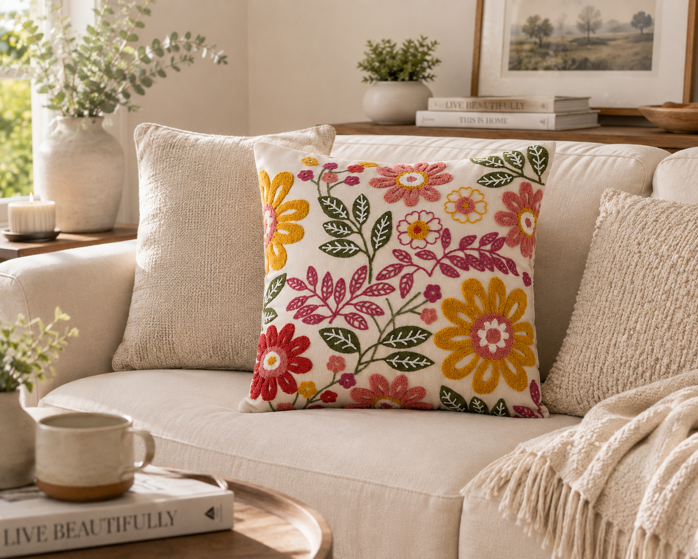 Colourful Floral Embroidered Lumbar Cushion Cover