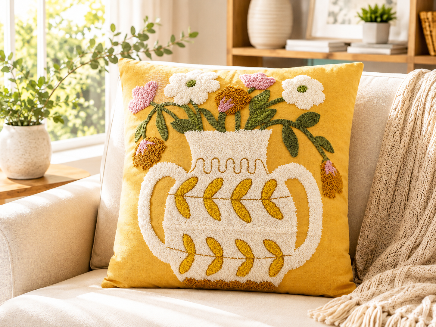 Yellow Floral Embroidered Cushion Cover