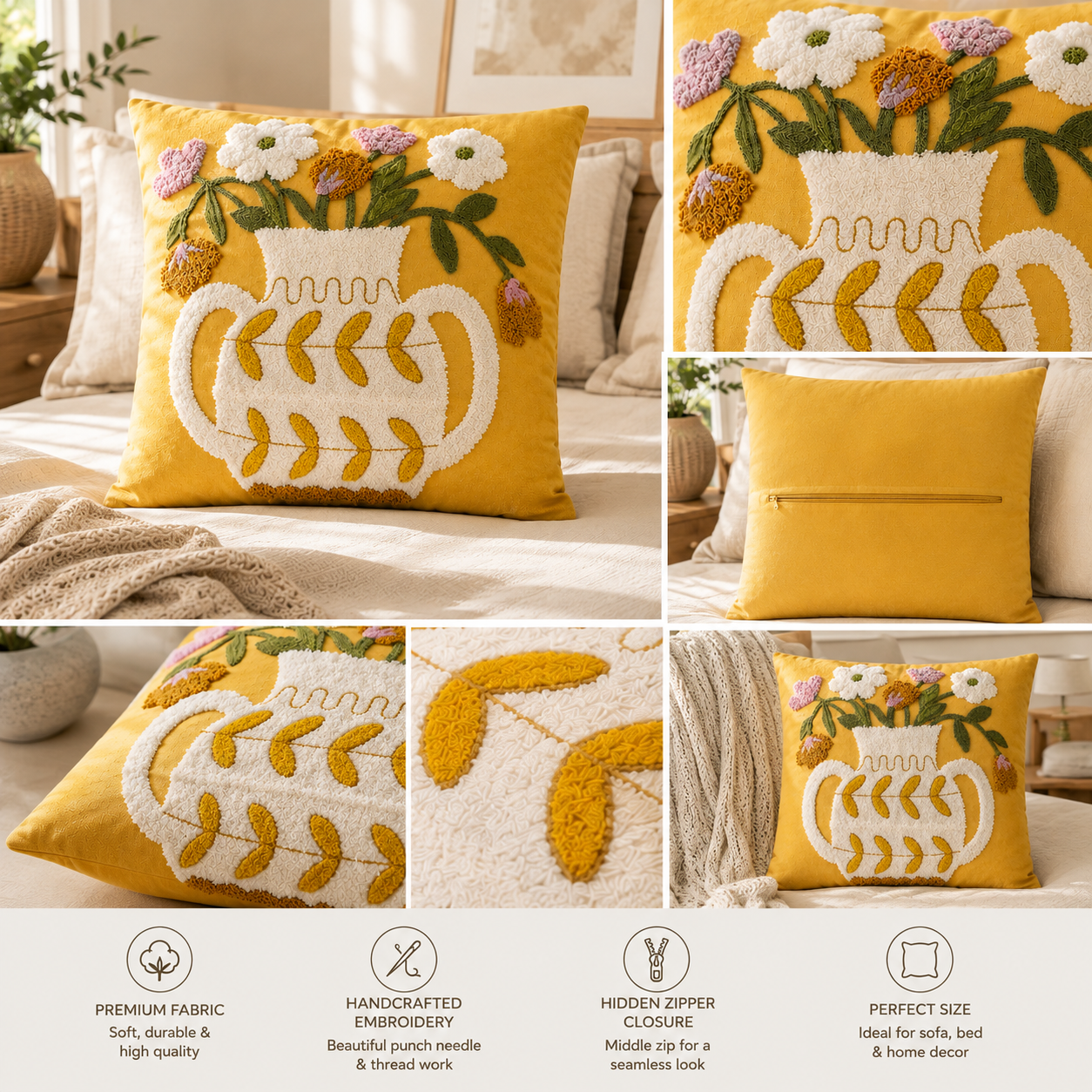 Yellow Floral Embroidered Cushion Cover