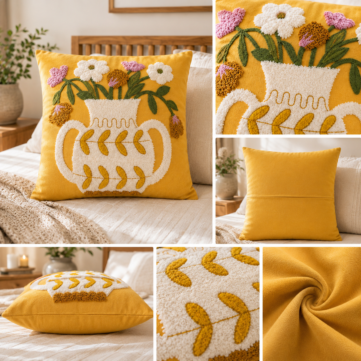 Yellow Floral Embroidered Cushion Cover