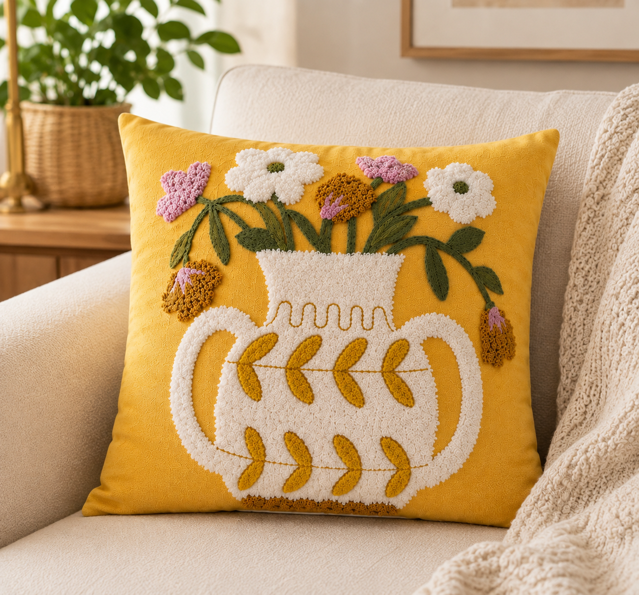 Yellow Floral Embroidered Cushion Cover