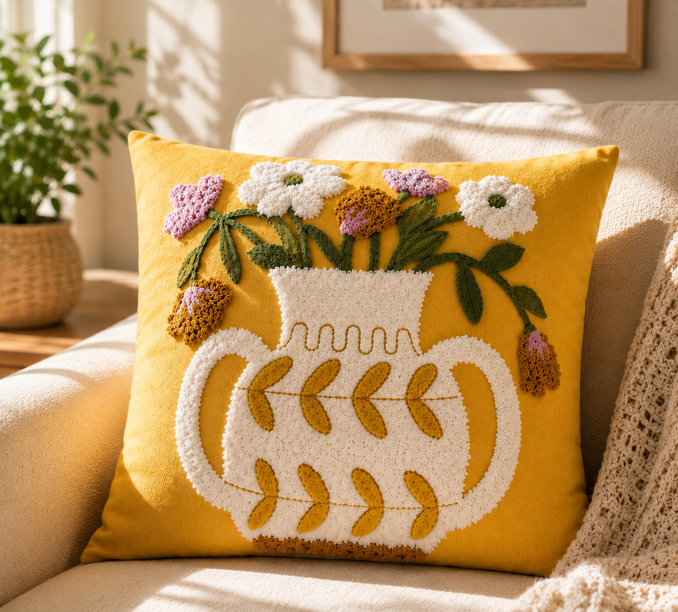 Yellow Floral Embroidered Cushion Cover