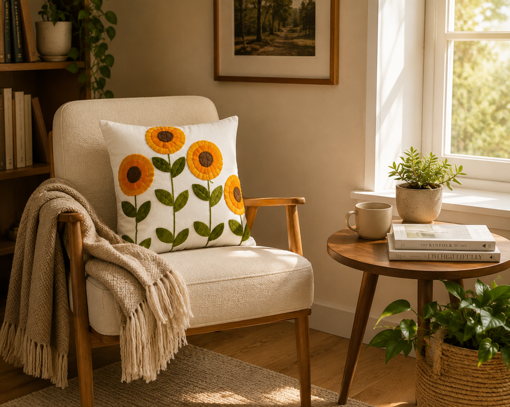 Sunflower Embroidered Cushion Cover 45x45cm, Cotton Linen Throw Pillow Case, Farmhouse Floral Decorative Cushion Cover for Sofa, Chair & Bedroom