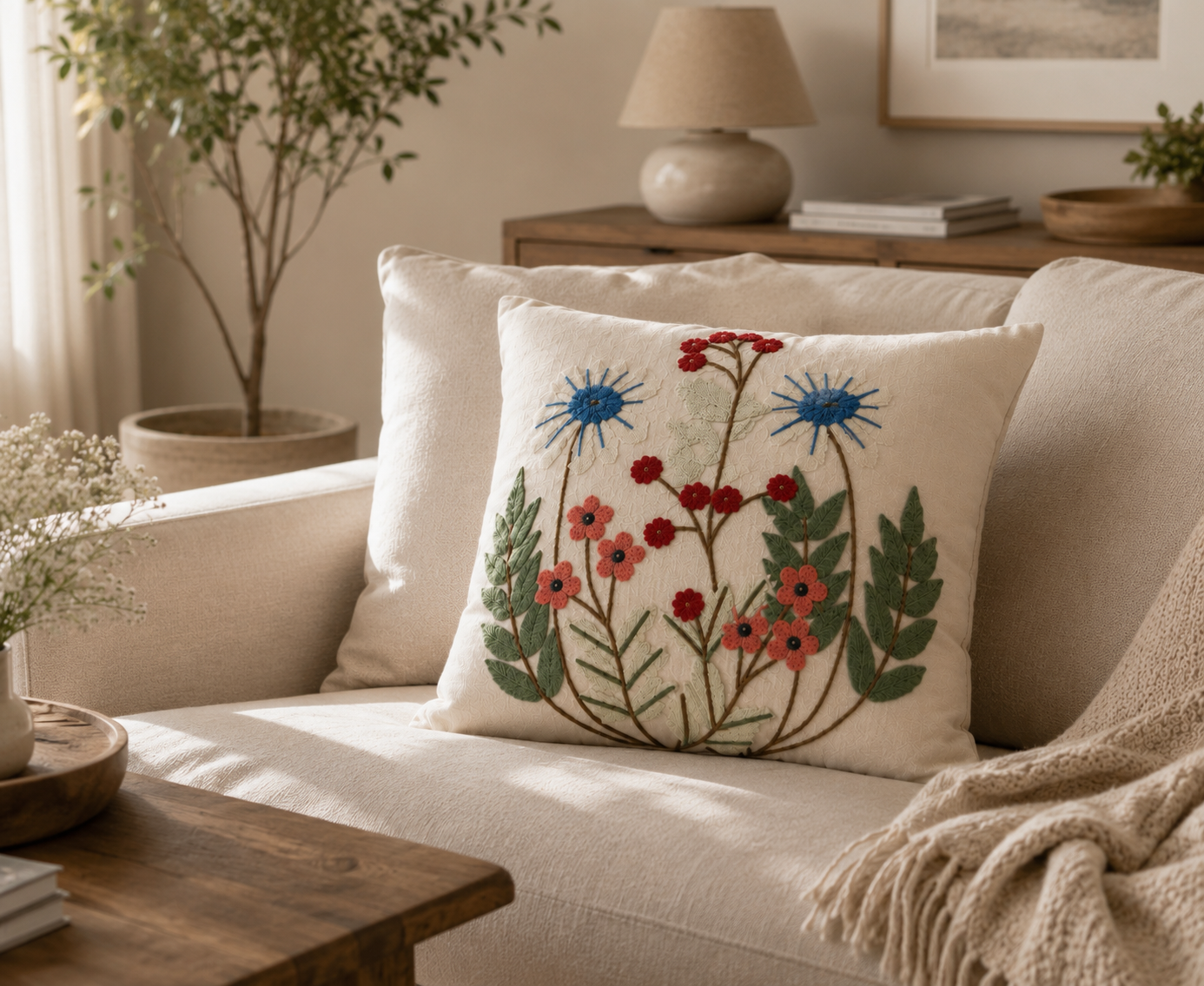 Wildflower Embroidered Cushion Cover