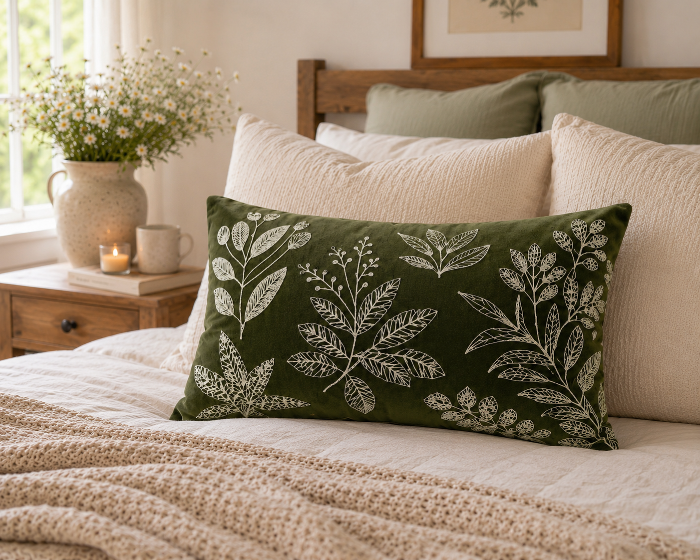 Green Floral Embroidered Cushion Cover