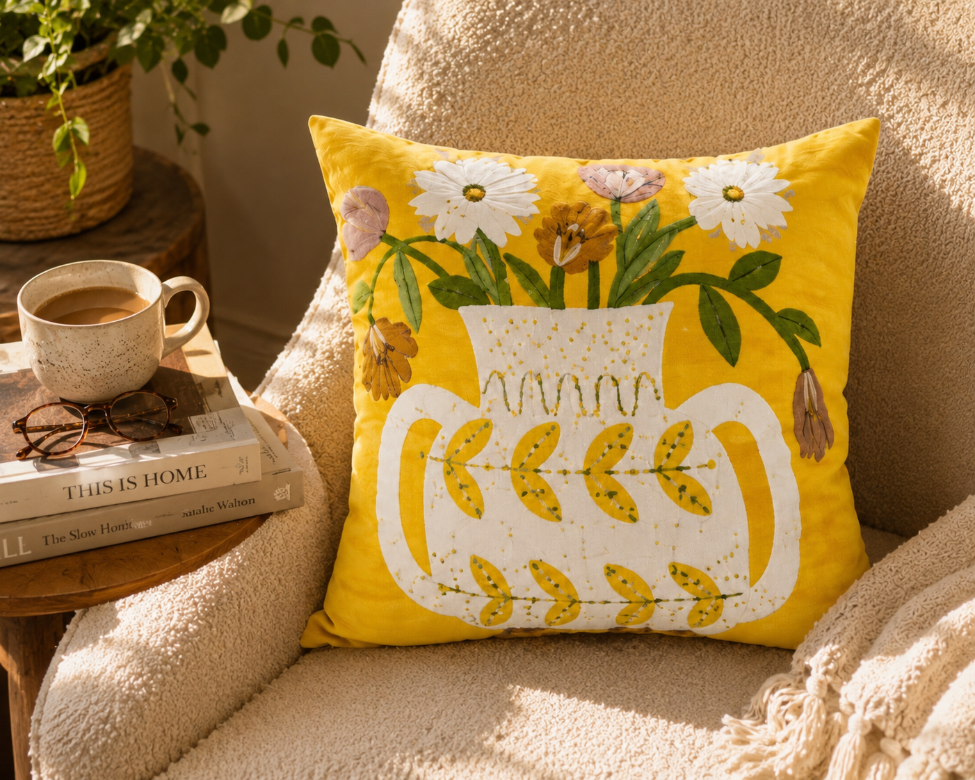 Yellow Floral Embroidered Cushion Cover