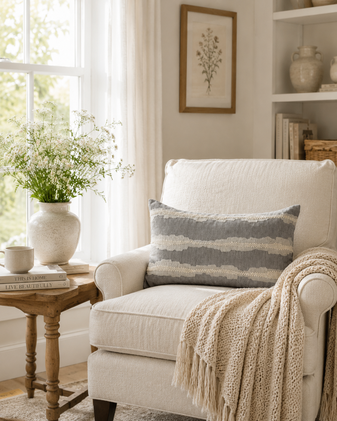 Grey Embroidered Lumbar Cushion Cover