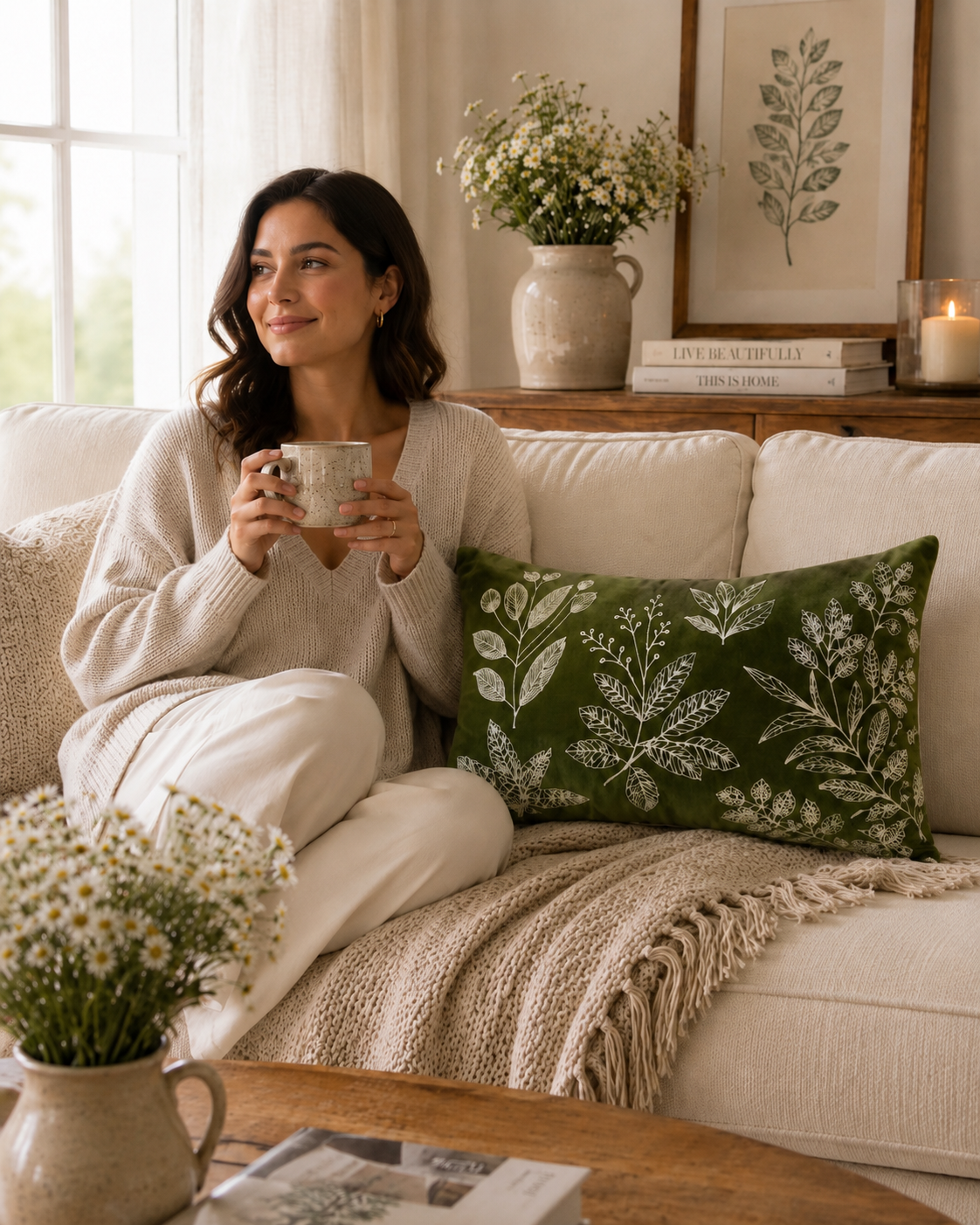 Green Floral Embroidered Cushion Cover