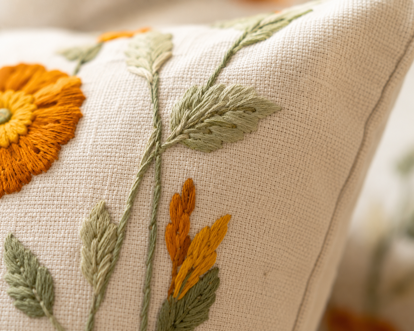 Orange Floral Embroidered Cushion Cover