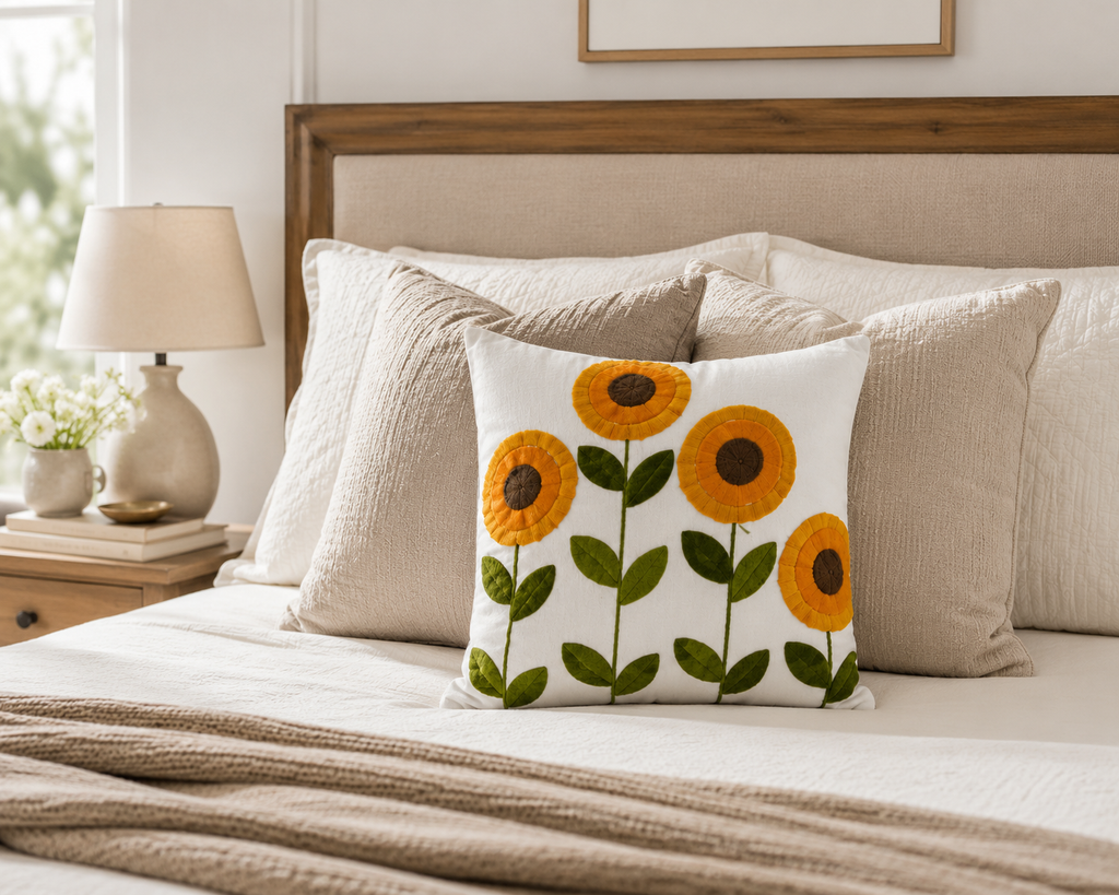 Sunflower Embroidered Cushion Cover 45x45cm, Cotton Linen Throw Pillow Case, Farmhouse Floral Decorative Cushion Cover for Sofa, Chair & Bedroom