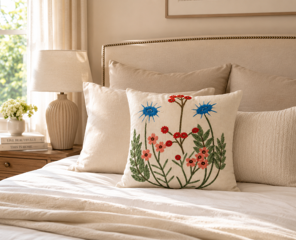 Wildflower Embroidered Cushion Cover