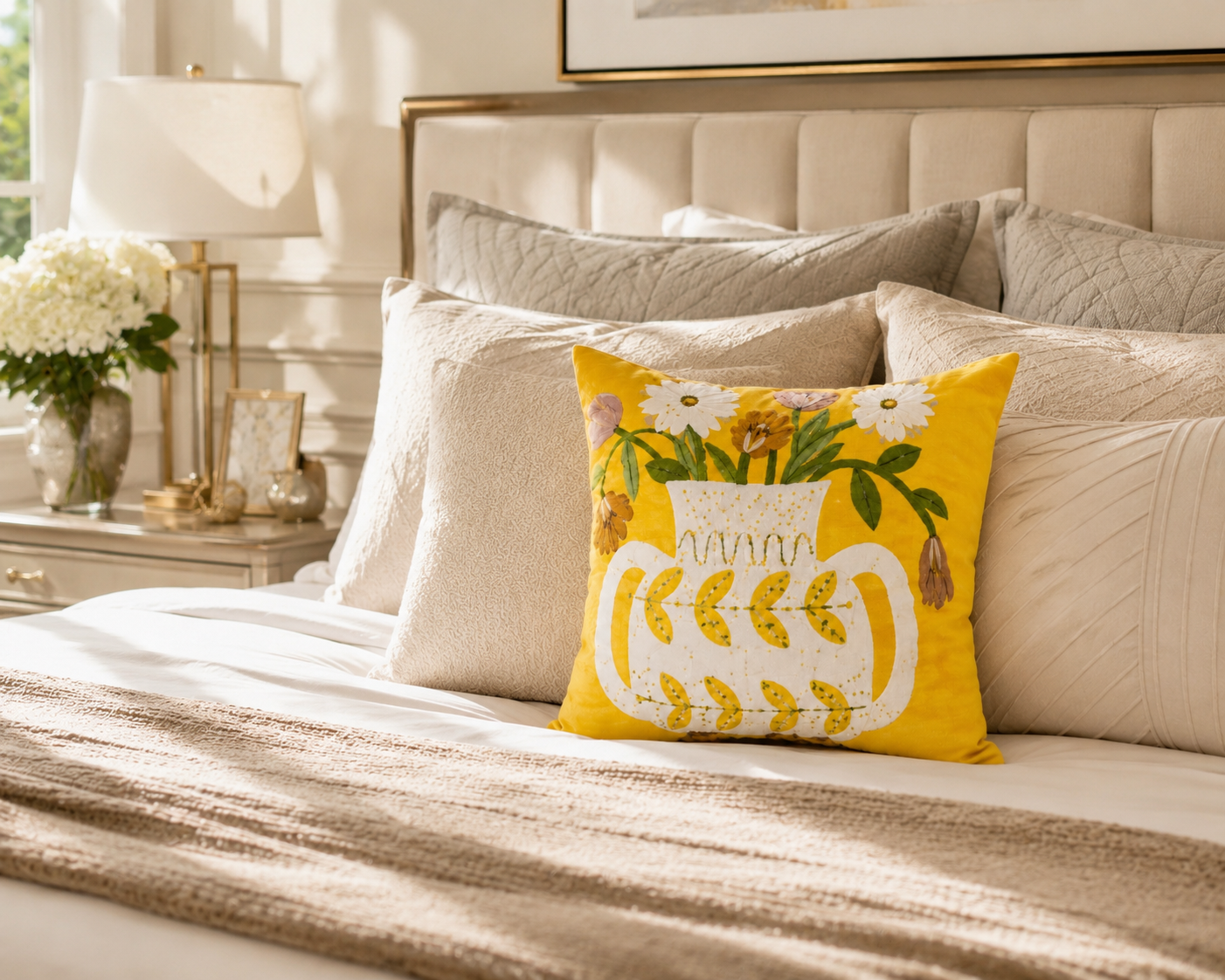 Yellow Floral Embroidered Cushion Cover