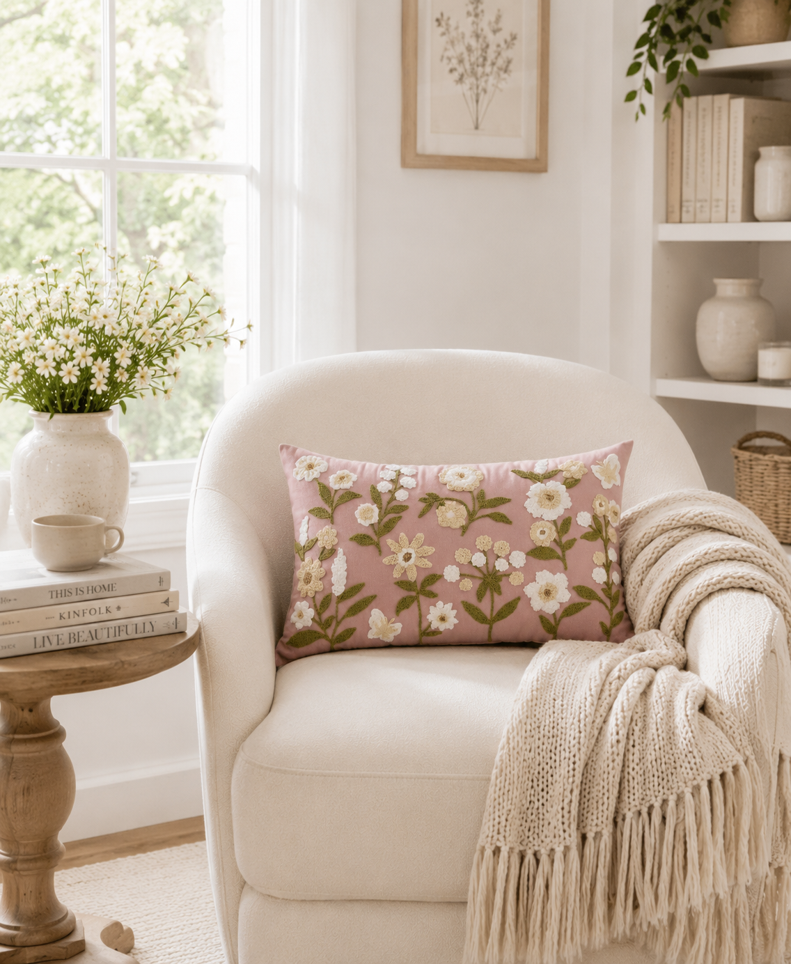 Pink Floral Embroidered Lumbar Cushion Cover