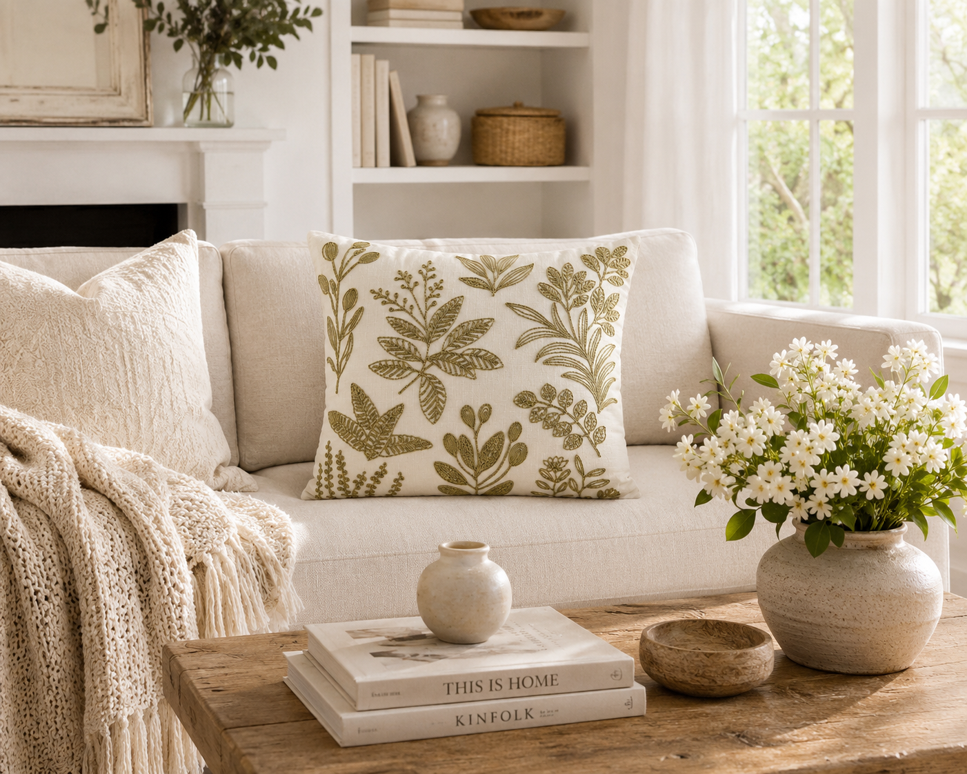 Beige Botanical Embroidered Cushion Cover