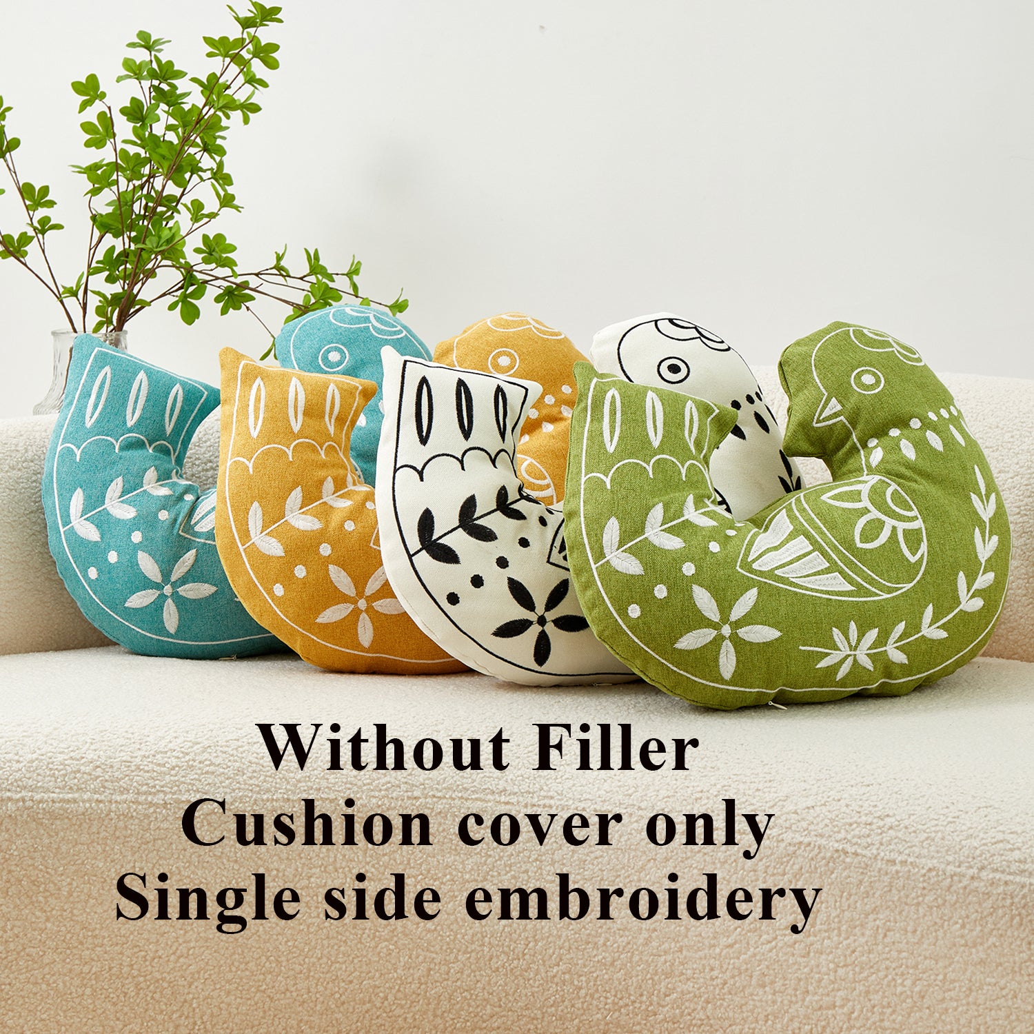 Bird Embroidered Pillowcase, Decorative Throw Cushion Cover - 1 Pcs