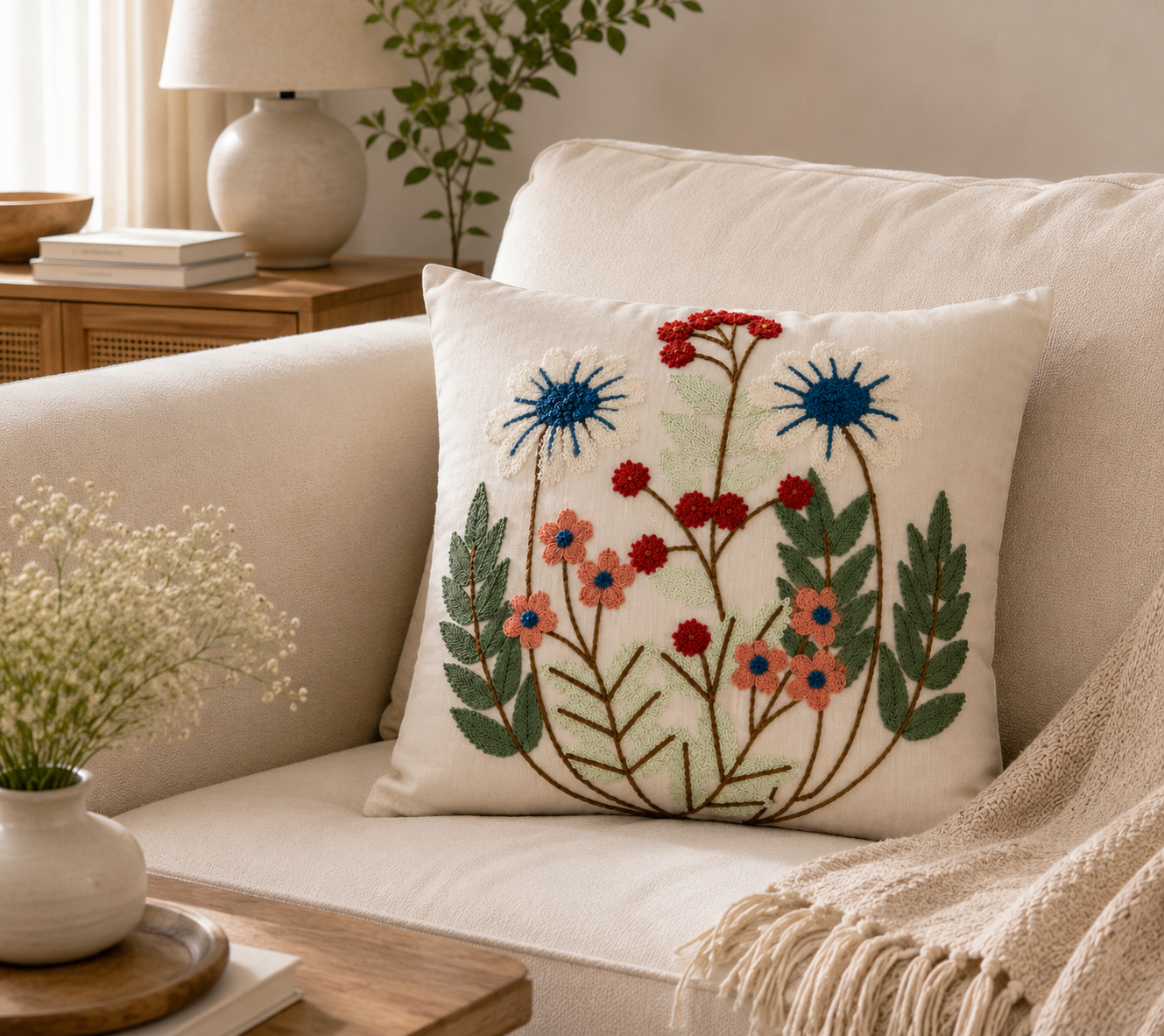 Wildflower Embroidered Cushion Cover