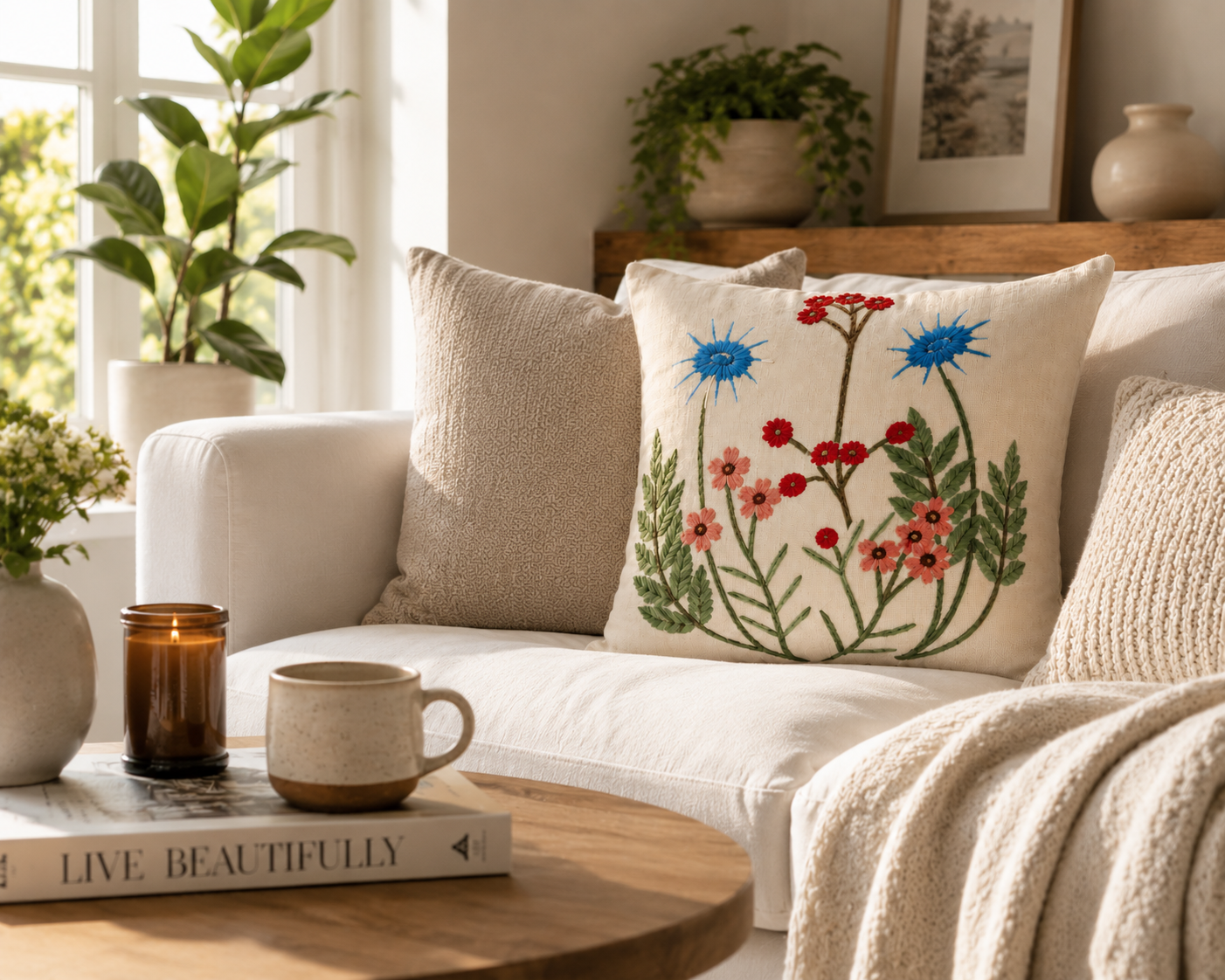 Wildflower Embroidered Cushion Cover