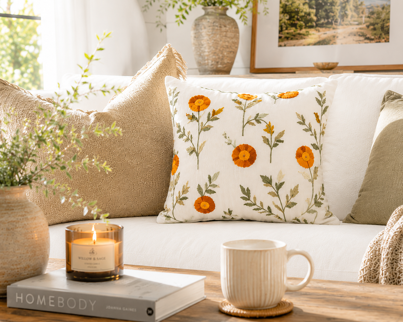 Orange Floral Embroidered Cushion Cover