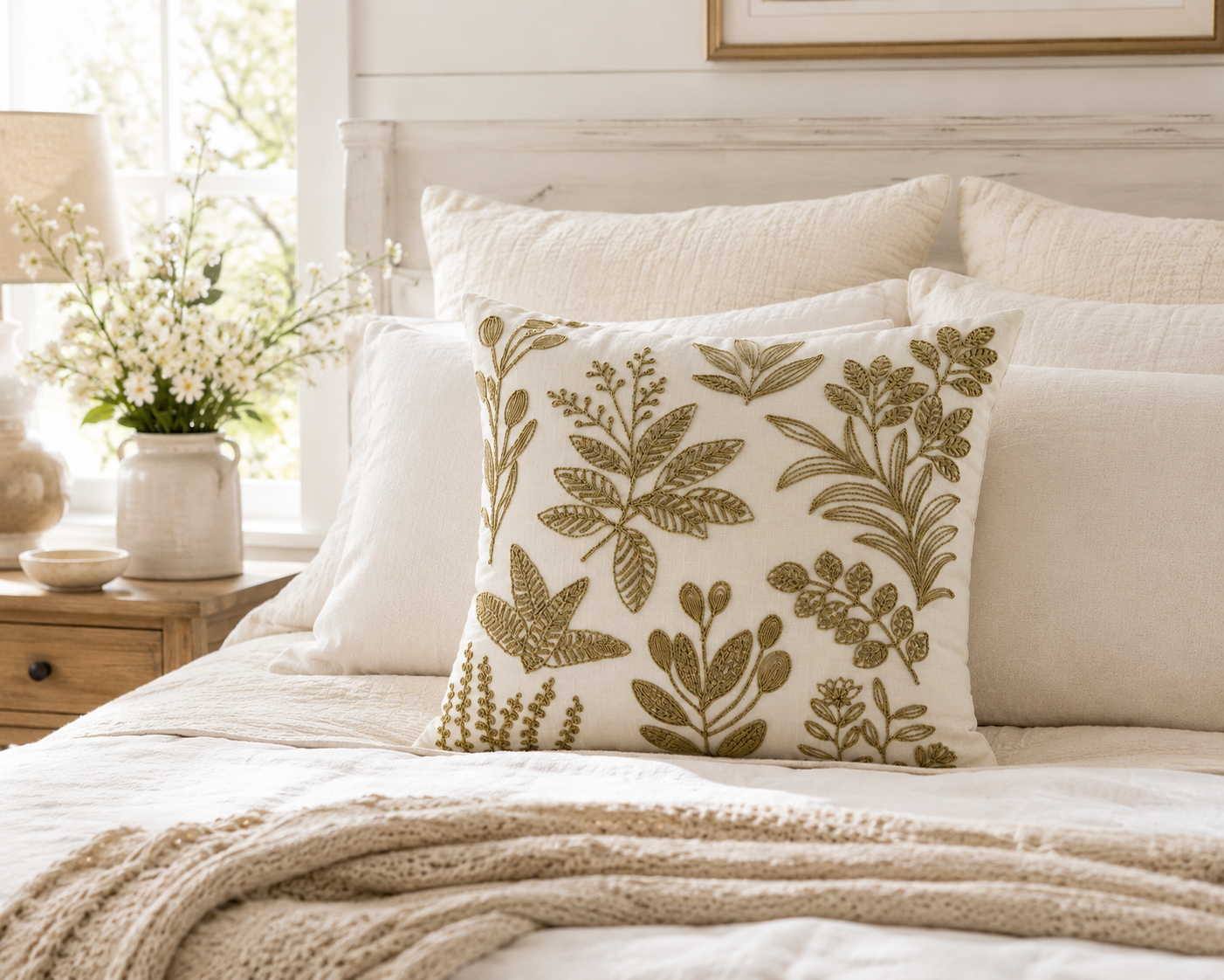 Beige Botanical Embroidered Cushion Cover