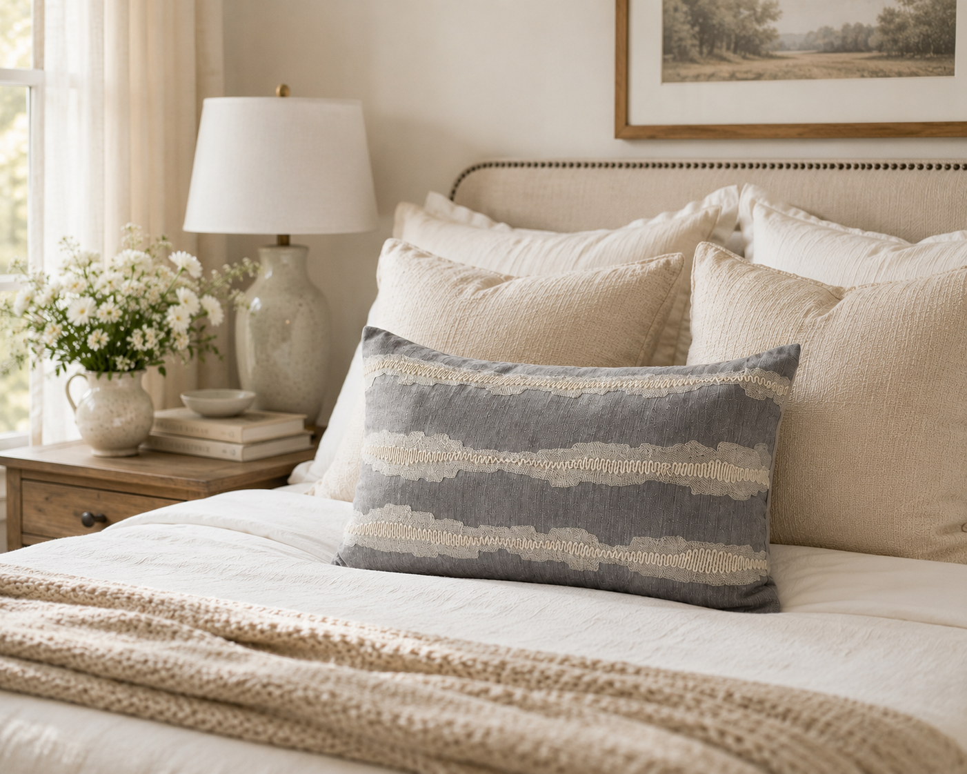 Grey Embroidered Lumbar Cushion Cover