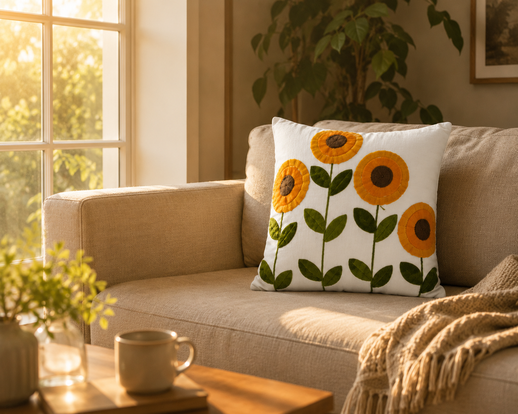 Sunflower Embroidered Cushion Cover 45x45cm, Cotton Linen Throw Pillow Case, Farmhouse Floral Decorative Cushion Cover for Sofa, Chair & Bedroom