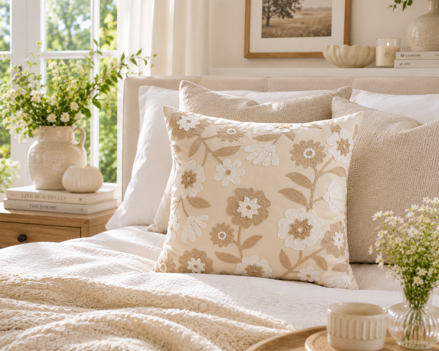 Beige Floral Embroidered Cushion Cover