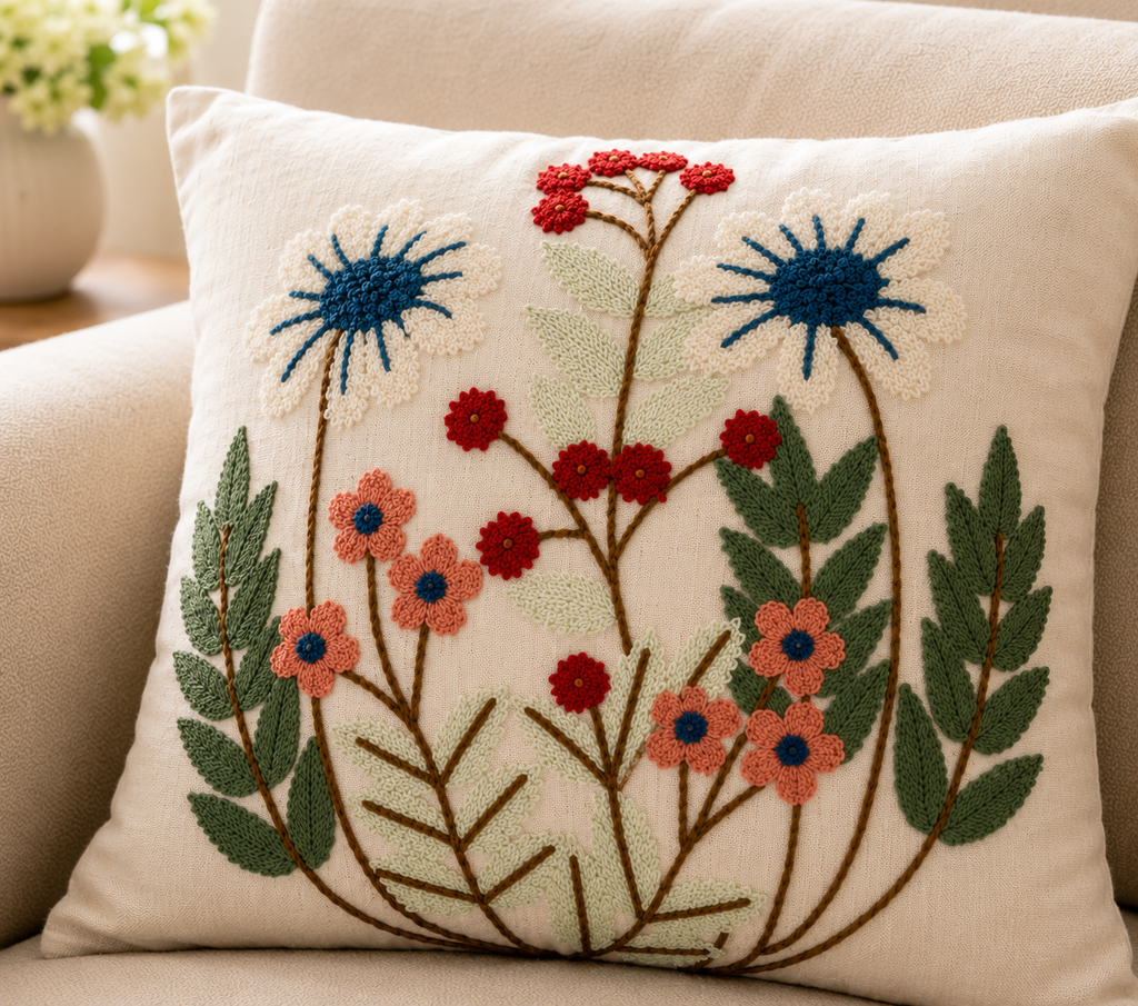 Wildflower Embroidered Cushion Cover