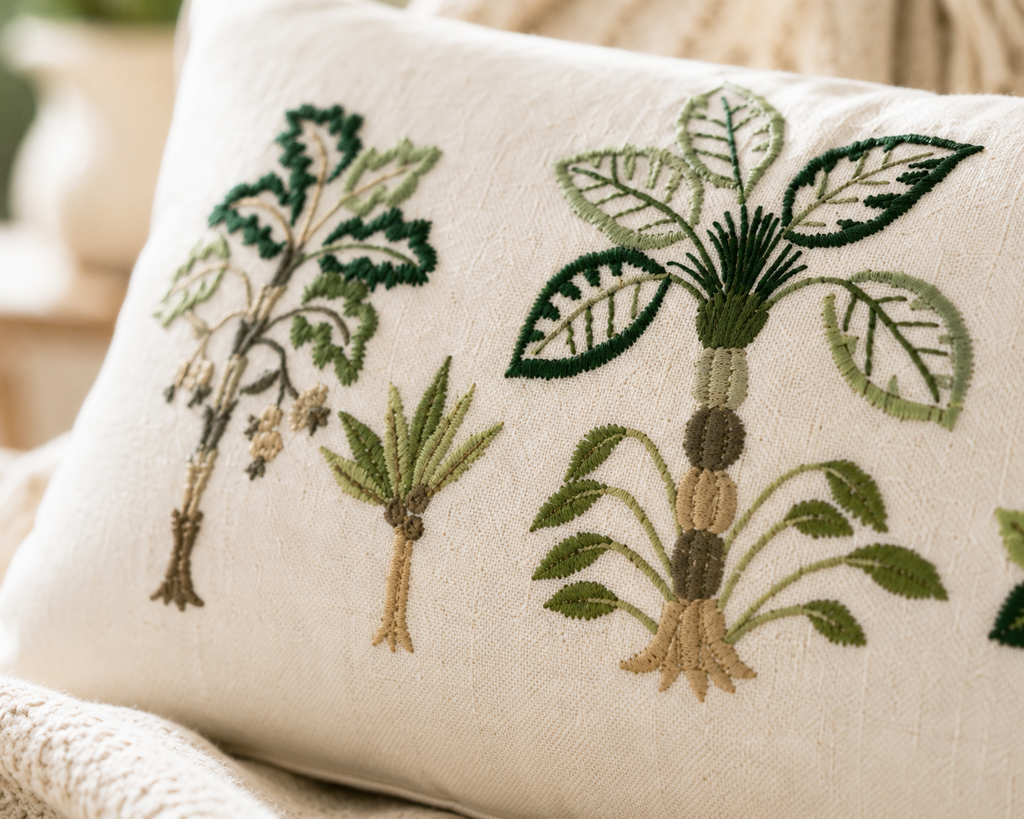 Tropical Palm Tree Embroidered Cushion Cover