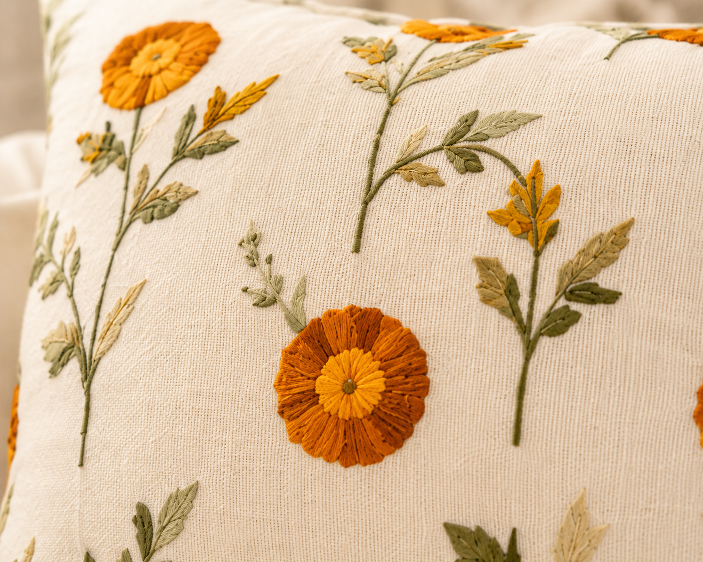 Orange Floral Embroidered Cushion Cover