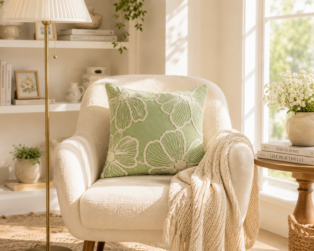 Sage Green Floral Embroidered Cushion Cover