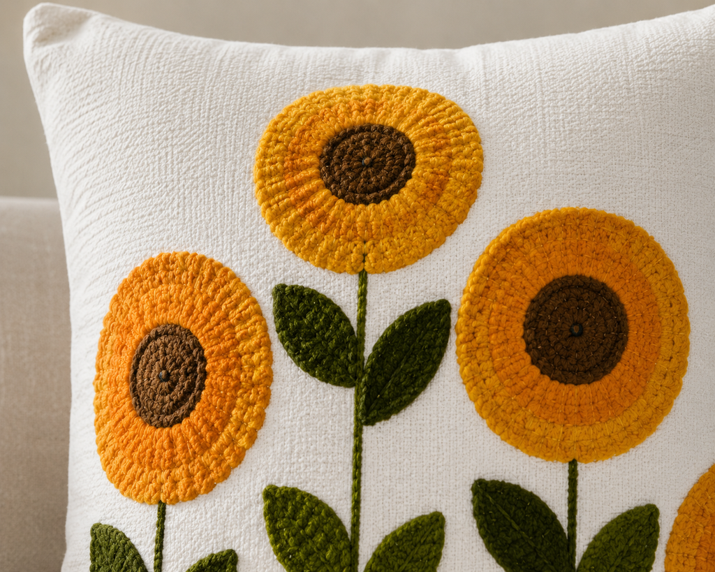 Sunflower Embroidered Cushion Cover 45x45cm, Cotton Linen Throw Pillow Case, Farmhouse Floral Decorative Cushion Cover for Sofa, Chair & Bedroom