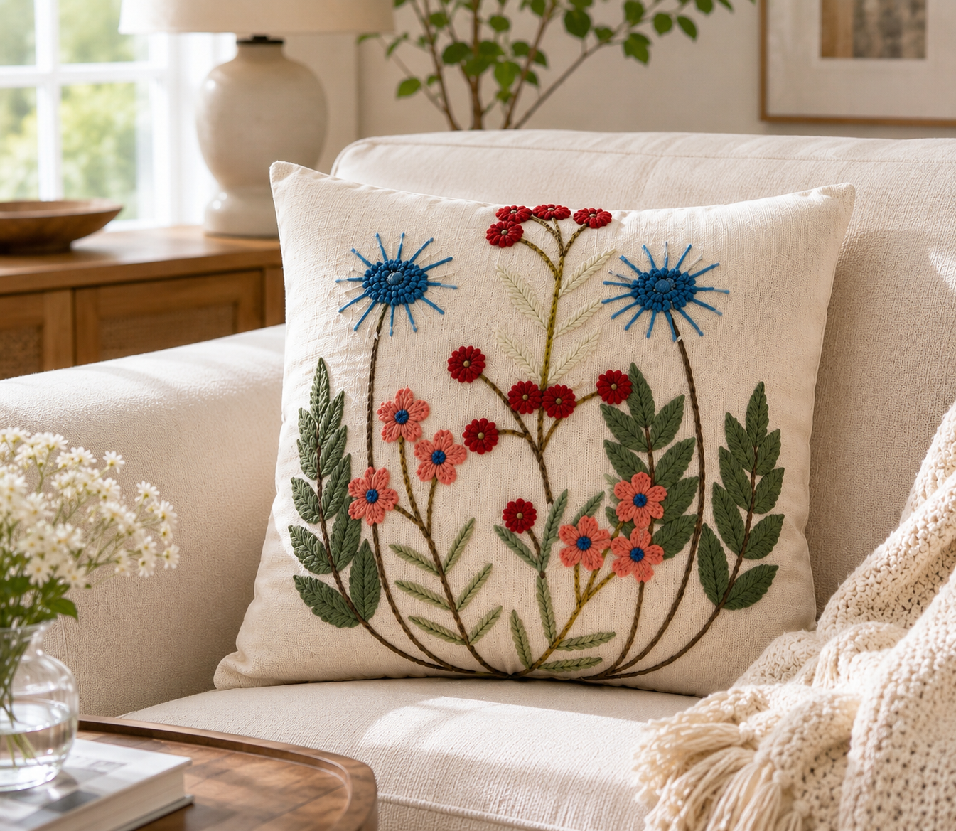 Wildflower Embroidered Cushion Cover