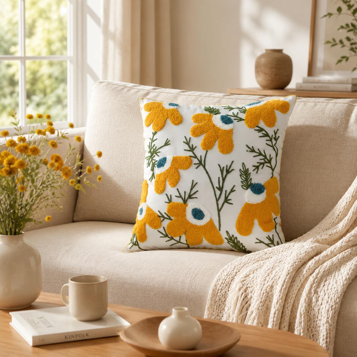 Boho Throw Cushion Cover Woven Embroidery Pillow Case 45X45CM Cotton Linen Modern Geometric Abstraction Farmhouse Style with Tassels Textured Striped