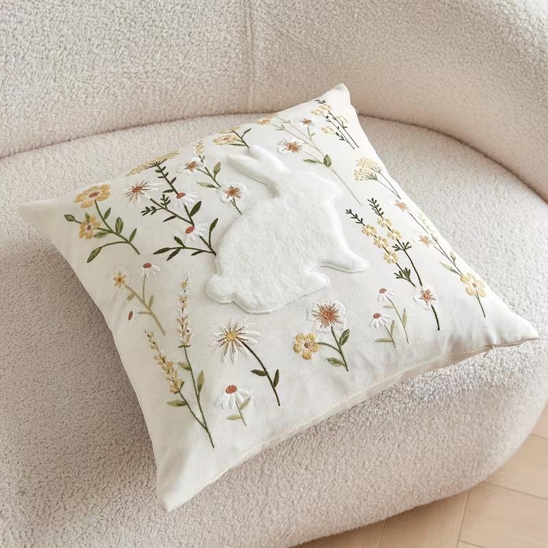 Easter Bunny Embroidery Throw Cushion Cover - 1 Pcs